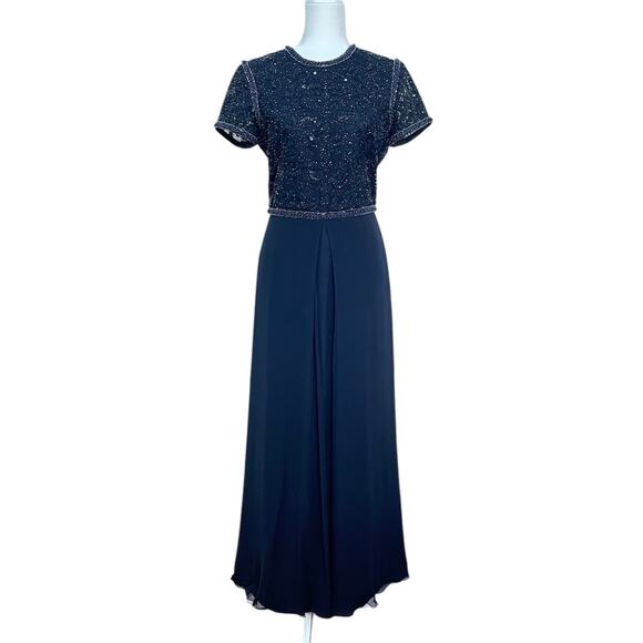 Carolina Herrera Vintage Sz 6 Blue Beaded Sequin Silk Chiffon Long Formal Dress - Picture 1 of 16